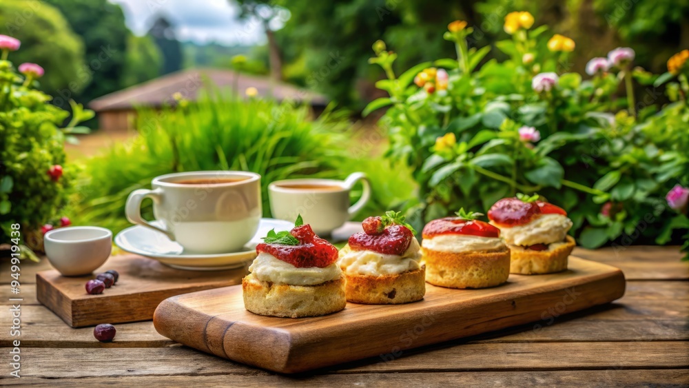 A low-angle shot captures the rustic charm of a Devon cream tea served on a traditional wooden board, surrounded by lush greenery. A low-angle shot captures the rustic charm of a Devon cream tea served on a traditional wooden board, surrounded by lush greenery.