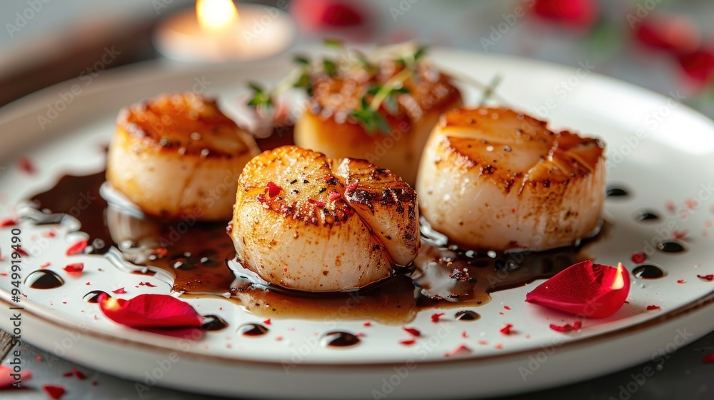 Delicious Seared Scallops with Balsamic Glaze and Rose Petals. Delicious Seared Scallops with Balsamic Glaze and Rose Petals.