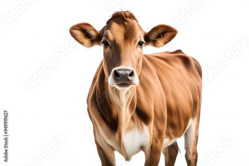 A serene jersey cow with a sleek brown coat and big gentle eyes standing on a white background, AI Generated