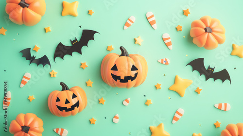 Adorable Halloween card featuring cute pumpkins and bats, surrounded by candy corn and stars, on a soft pastel green background.