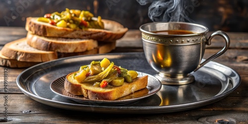 A warm, inviting shot of picalilli on a vintage pewter plate, accompanied by a few slices of toasted bread and a steaming cup of tea. photo