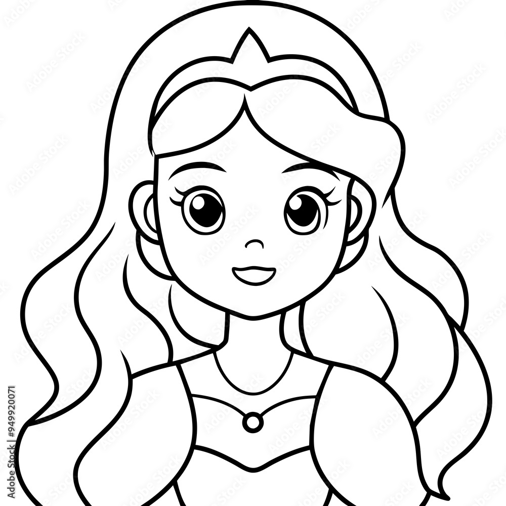 COLORING PAGE OF A princess with long, wavy hair and almond-shaped eyes. COLORING PAGE OF A princess with long, wavy hair and almond-shaped eyes.