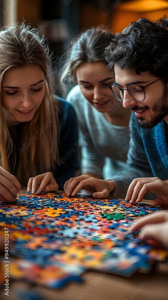 Three friends work together to complete a large jigsaw puzzle, laughing and enjoying each other's company. Three friends work together to complete a large jigsaw puzzle, laughing and enjoying each other's company.