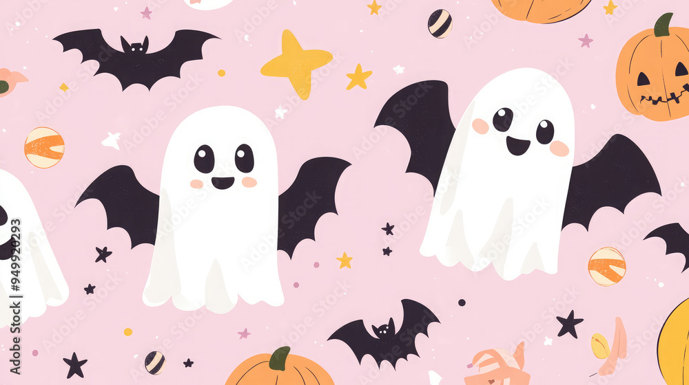 Adorable Halloween card featuring cute bats and ghosts, surrounded by stars and candy, on a soft pastel lavender background. Adorable Halloween card featuring cute bats and ghosts, surrounded by stars and candy, on a soft pastel lavender background.