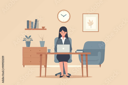 Illustration of a career woman doing her office work with a laptop