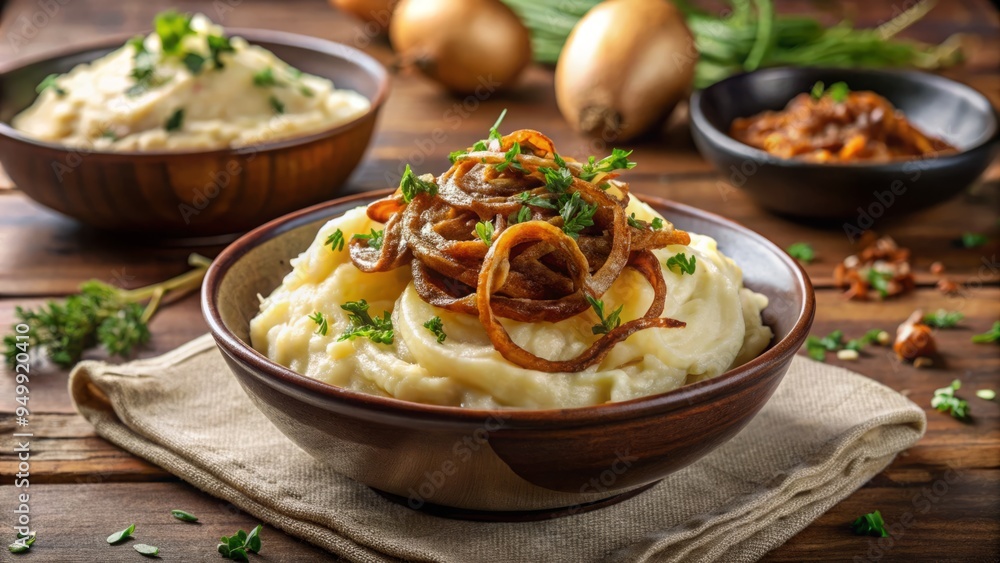 Fototapeta premium Mashed potatoes and onion gravy, styled with a sprinkle of crispy shallots and a dollop of sour cream, lit by natural window light.