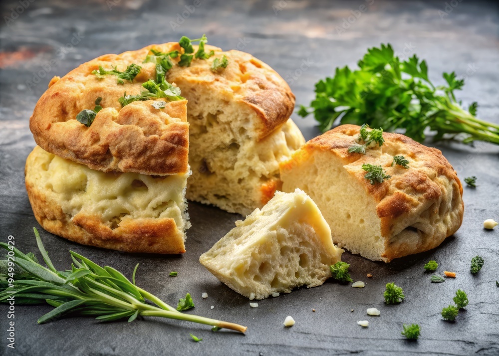 Crusty Scottish Bannock, torn apart to reveal a fluffy interior, accompanied by a wedge of rich, creamy cheese and a handful of fresh herbs, on a worn stone surface. Crusty Scottish Bannock, torn apart to reveal a fluffy interior, accompanied by a wedge of rich, creamy cheese and a handful of fresh herbs, on a worn stone surface.