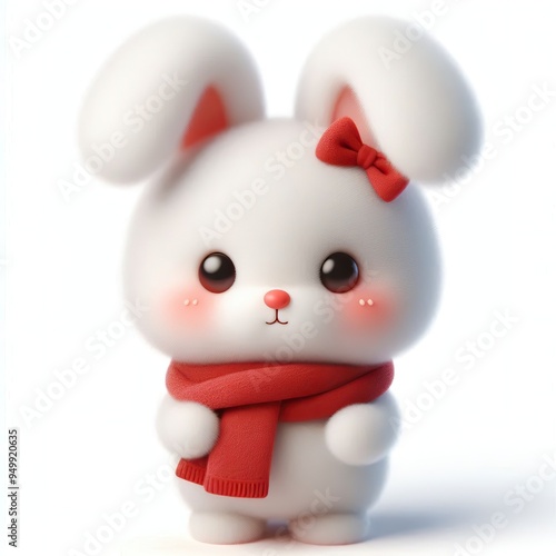 cute 3d fluffy Vietnamese style rabbit teddy bear character with red scarf