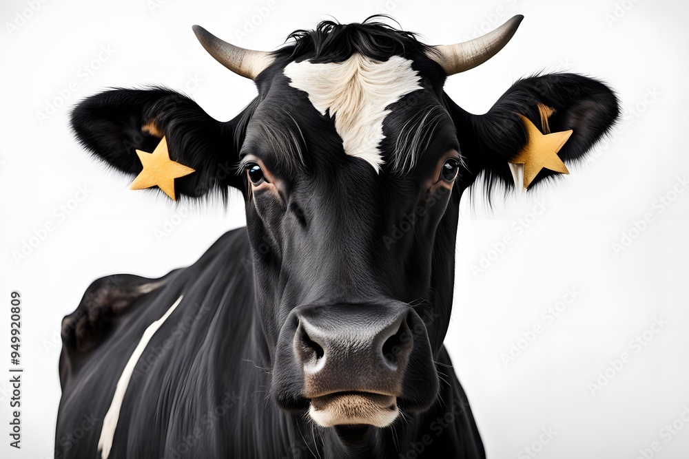 A striking black cow with a white star on its forehead standing on a white background, AI Generated A striking black cow with a white star on its forehead standing on a white background, AI Generated