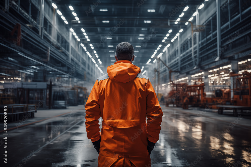 A person wearing an orange jacket stands alone in the middle of a large, industrial warehouse with a high ceiling and modern lighting, reflecting an ambiance of solitude and focus. A person wearing an orange jacket stands alone in the middle of a large, industrial warehouse with a high ceiling and modern lighting, reflecting an ambiance of solitude and focus.
