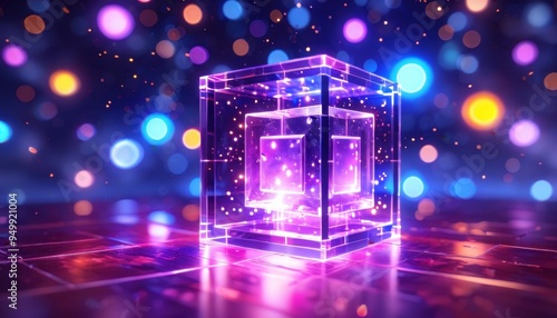 ransparent cube, inside of cube in neon colors photo