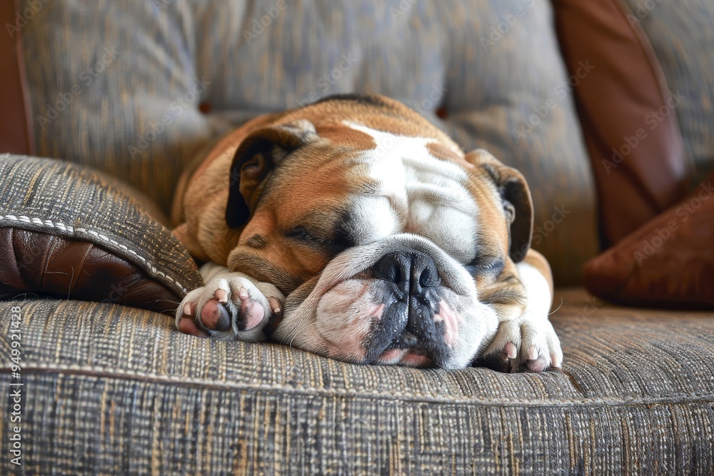 A bulldog dozing off on a plush couch, exuding a sense of calm and contentment in its sleep, A sleepy bulldog snoring on the couch, AI generated A bulldog dozing off on a plush couch, exuding a sense of calm and contentment in its sleep, A sleepy bulldog snoring on the couch, AI generated