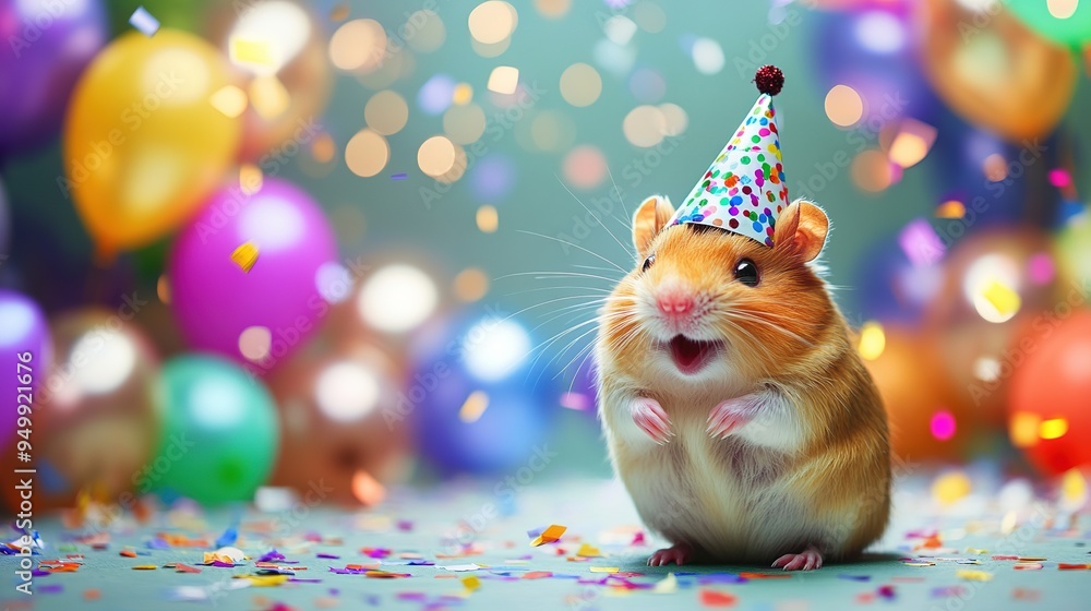 Happy Cute Animal Hamster Wearing a Clown Hat, Celebrating New Year's Celebration or Fancy Birthday Party, Lots of Balloons with Shiny Ribbons. Happy Cute Animal Hamster Wearing a Clown Hat, Celebrating New Year's Celebration or Fancy Birthday Party, Lots of Balloons with Shiny Ribbons.