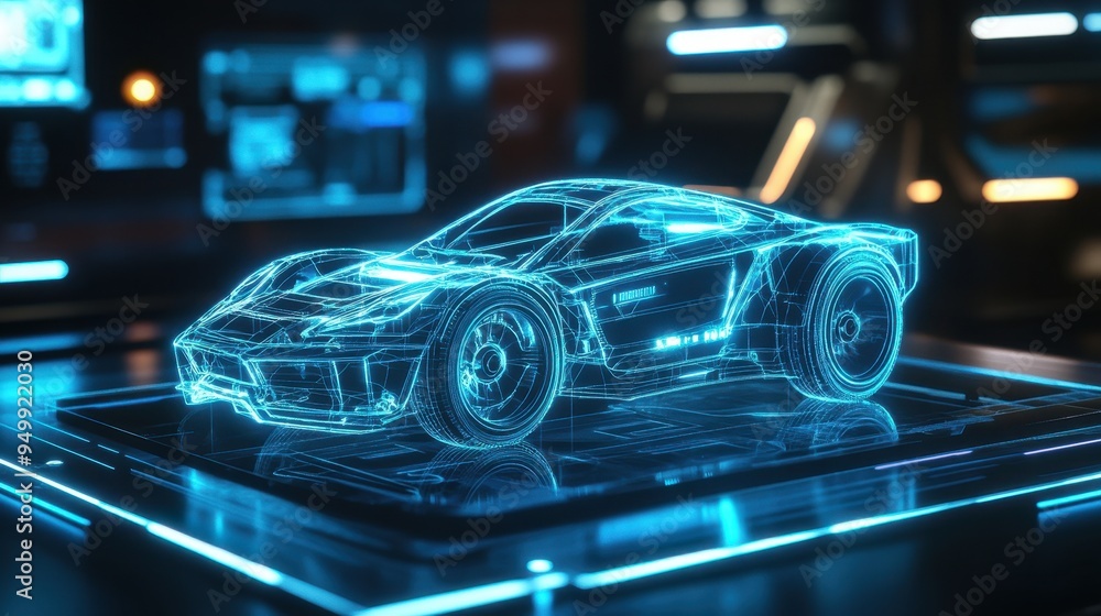 Futuristic Car Hologram 3D Render - Blue Neon Lights. Futuristic Car Hologram 3D Render - Blue Neon Lights.