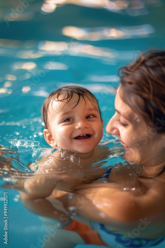 Happy mother swimming with smiling baby in indoor pool.