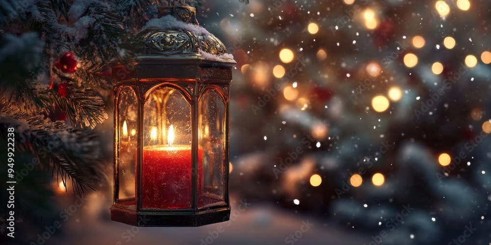Christmas lantern hanging from snowy tree with red candle burning inside Christmas lantern hanging from snowy tree with red candle burning inside