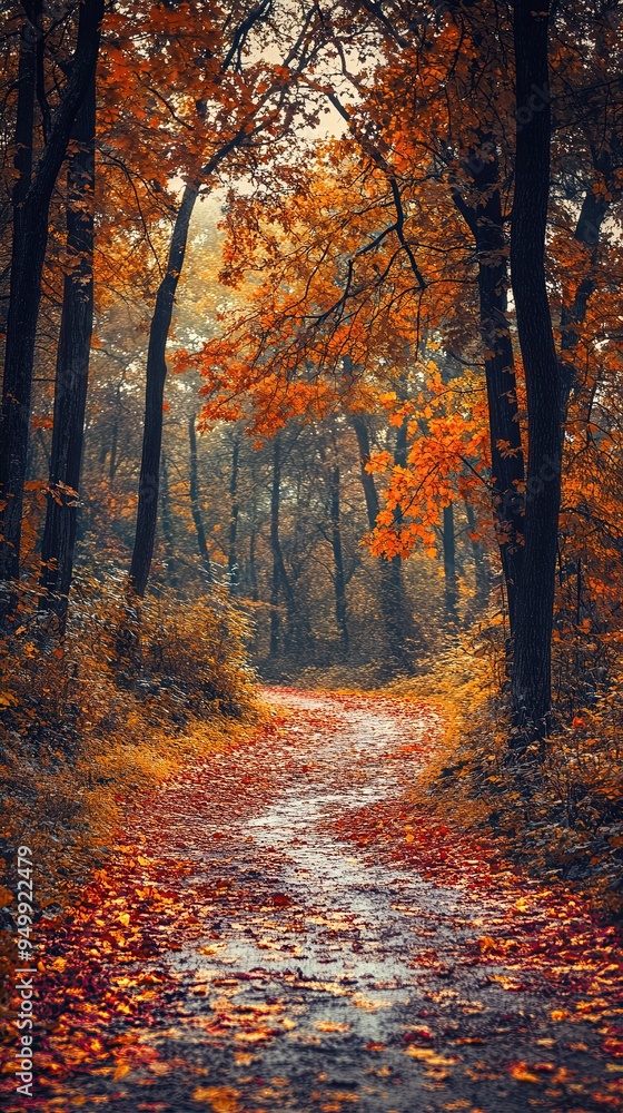 Naklejka premium Winding path through autumn forest with golden leaves, mobile friendly