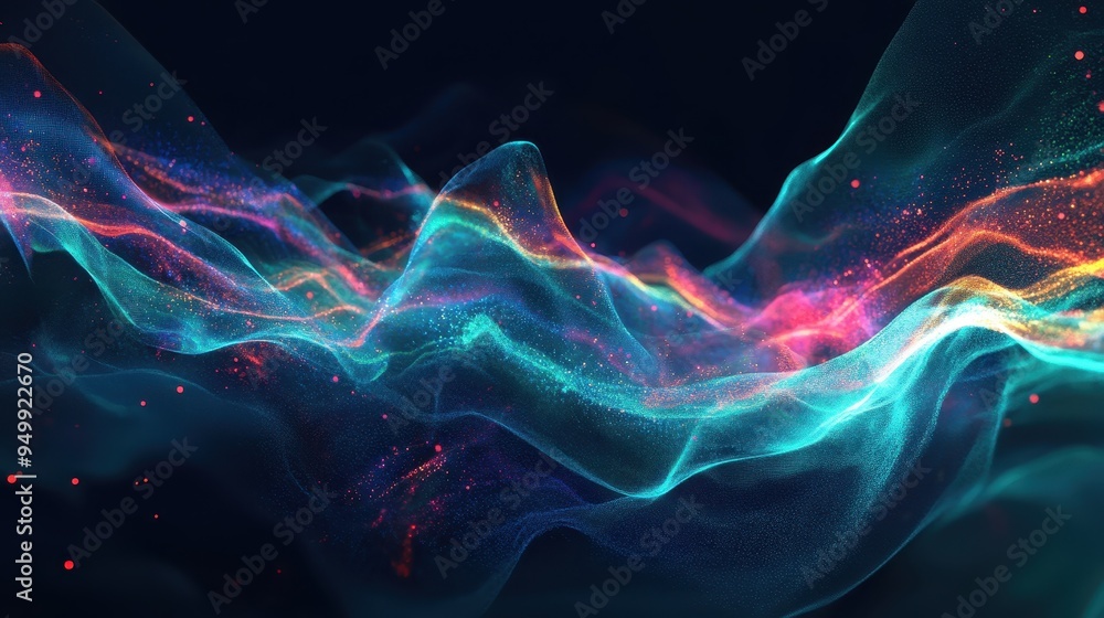 Abstract Blue and Red Digital Wave with Glittering Particles on Dark Background. Abstract Blue and Red Digital Wave with Glittering Particles on Dark Background.