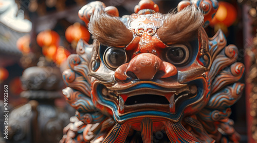  The mask is intricately carved with vibrant colors and patterns. 