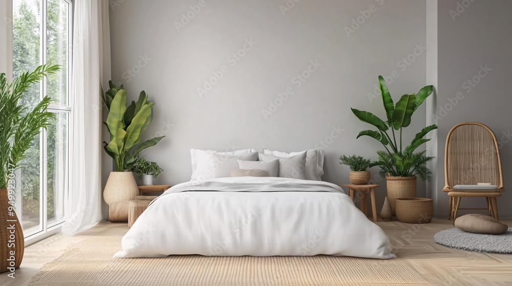 A Scandinavian-style bedroom with a minimalist design, featuring a white bed, light grey walls, and wooden flooring. Green plants are placed by the window to add a touch of nature A Scandinavian-style bedroom with a minimalist design, featuring a white bed, light grey walls, and wooden flooring. Green plants are placed by the window to add a touch of nature