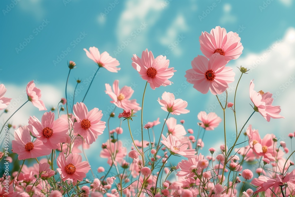 Blooming Pink Cosmos Flowers Under Clear Blue Sky