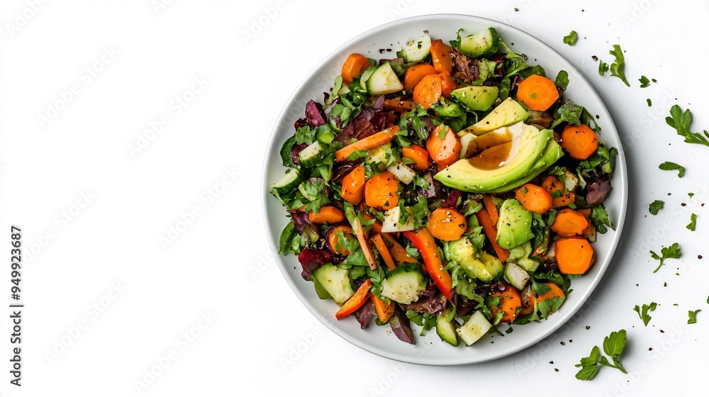 Flat lay of colorful rainbow salad with mixed vegetables avocado and a light vinaigrette arranged on a white plate Flat lay of colorful rainbow salad with mixed vegetables avocado and a light vinaigrette arranged on a white plate