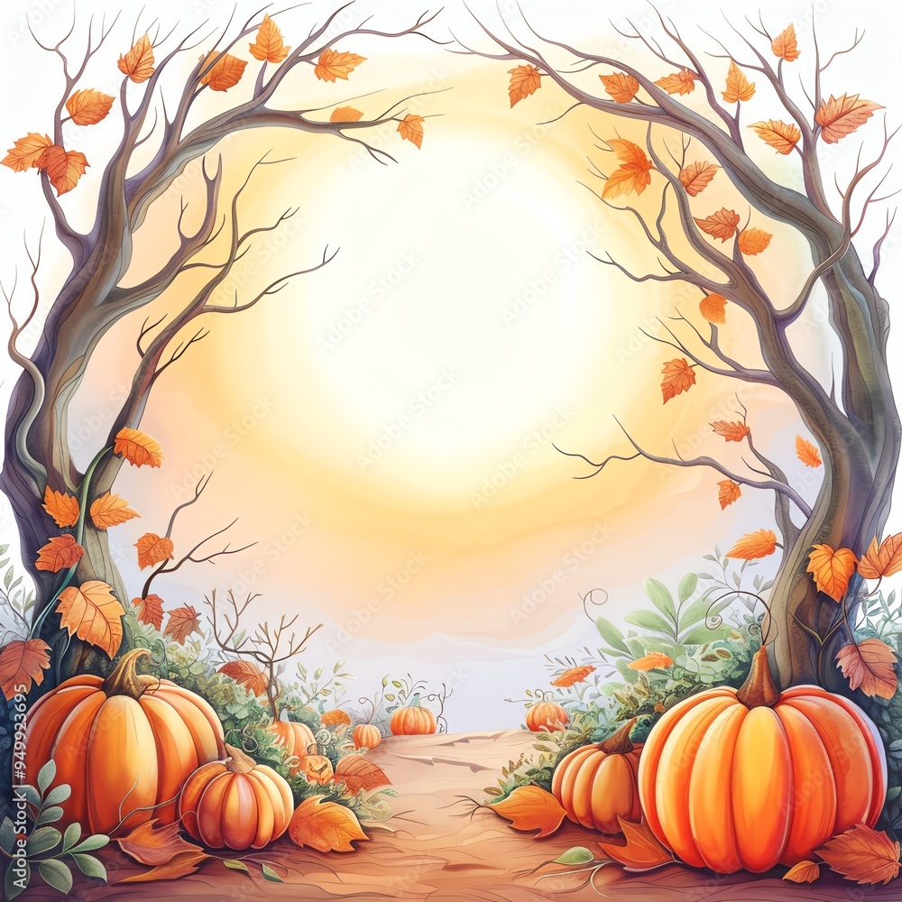 Naklejka premium A serene autumn landscape featuring pumpkins and falling leaves under a soft glowing sun, ideal for seasonal themes.