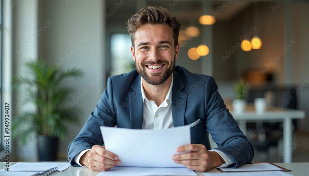 Portrait of a smiling and successful young businessman sitting in the office at the table, holding documents and papers for a deal in his hands, confidently looking at the camera Portrait of a smiling and successful young businessman sitting in the office at the table, holding documents and papers for a deal in his hands, confidently looking at the camera