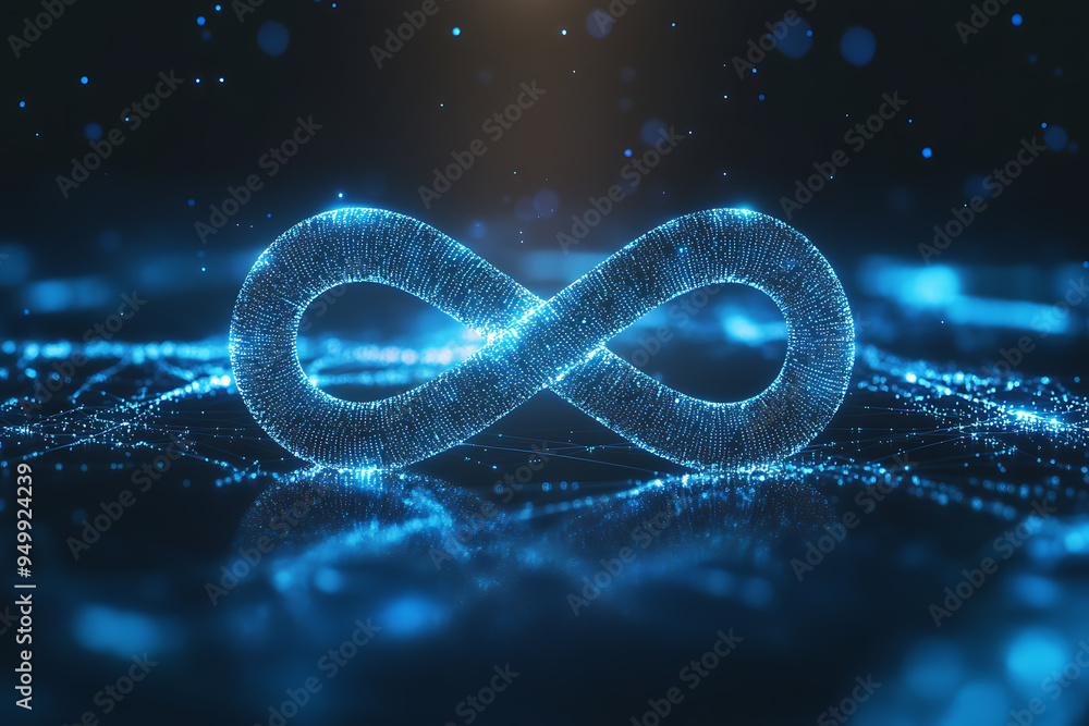 An abstract digital background banner featuring an infinity sign, intricately connected with data streams in blue and black colors An abstract digital background banner featuring an infinity sign, intricately connected with data streams in blue and black colors