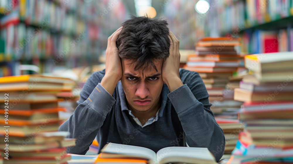 Stressed student overwhelmed by books in a library during study session Stressed student overwhelmed by books in a library during study session