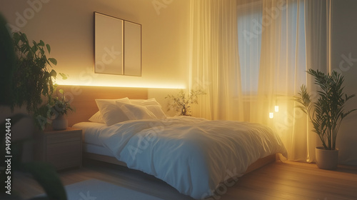 A serene Scandinavian bedroom setup with a light wood bed, white linens, soft ambient lighting, and a touch of greenery from potted plants