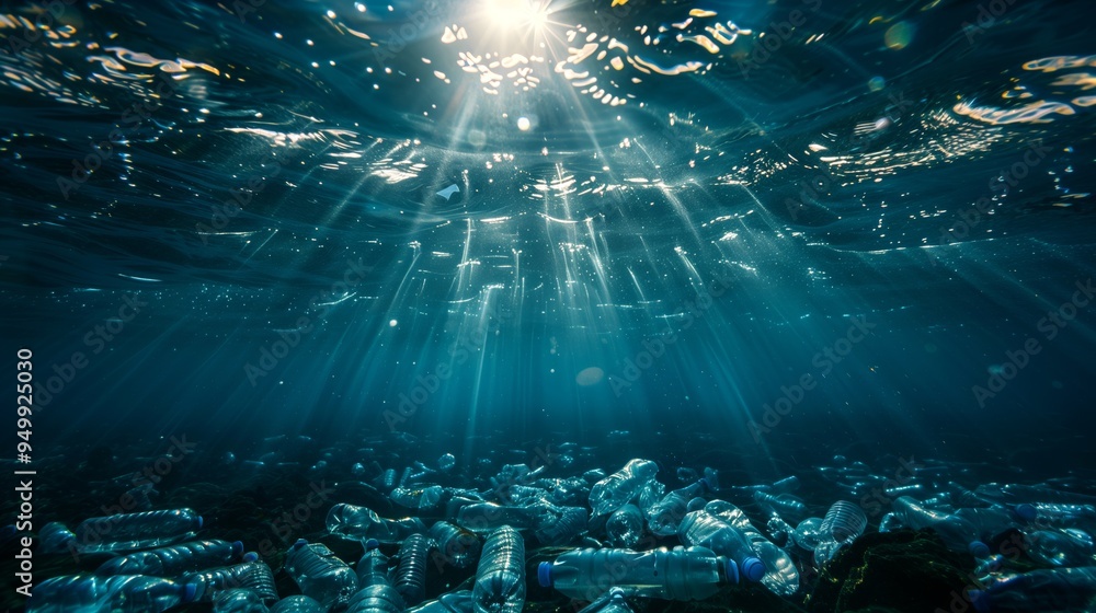 Fototapeta premium Ocean Pollution with Plastic Bottles Floating Underwater