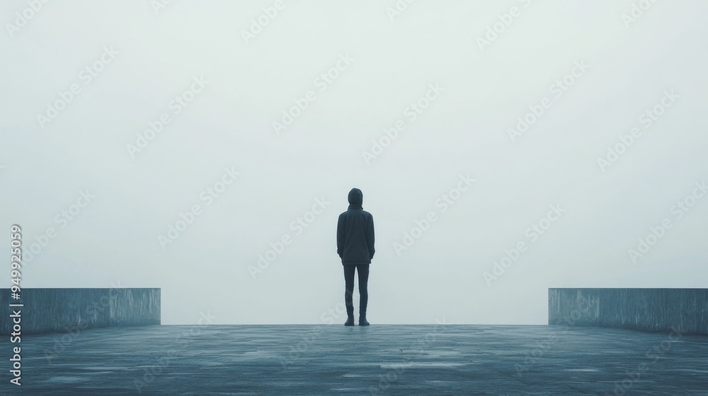 A solitary figure stands on a concrete platform shrouded in fog, facing an uncertain future. A solitary figure stands on a concrete platform shrouded in fog, facing an uncertain future.
