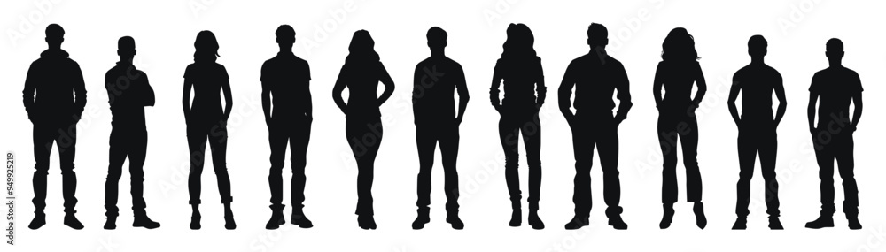 Diverse standing people in various postures, vector illustration. Black and white collection of human silhouettes representing different body types and stances. Diverse standing people in various postures, vector illustration. Black and white collection of human silhouettes representing different body types and stances.