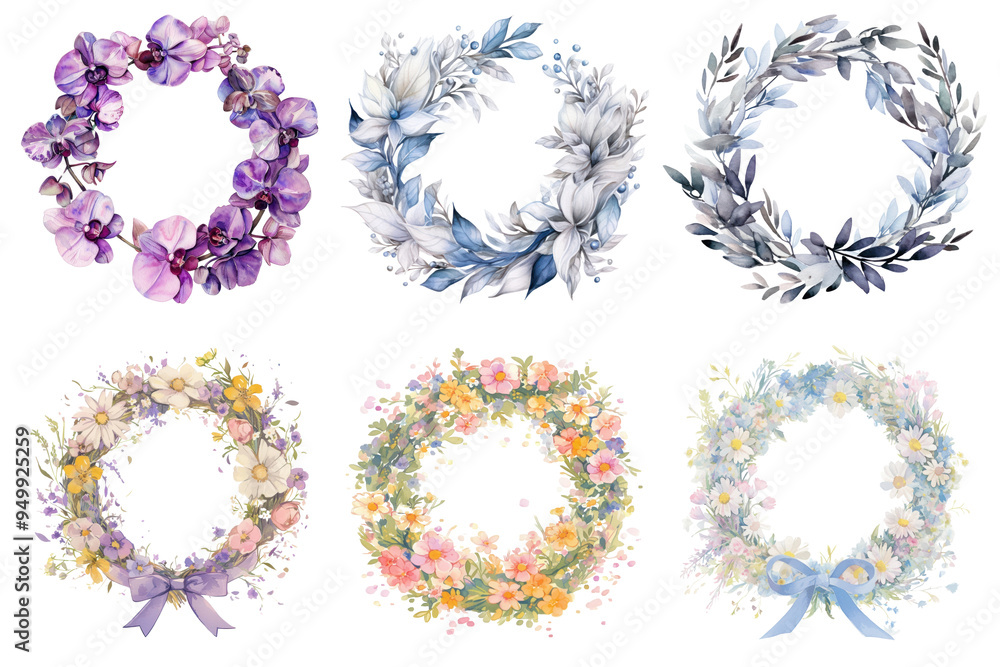 PNG colorful flower wreath design element set, transparent background PNG colorful flower wreath design element set, transparent background