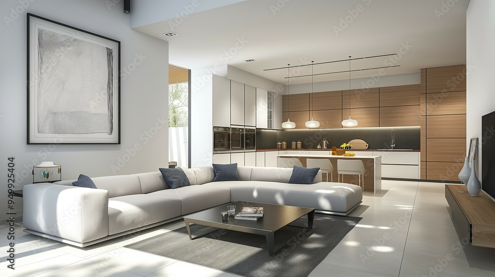 Modern living room with sofa and kitchen connected home interior Modern living room with sofa and kitchen connected home interior