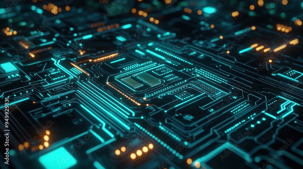 Abstract Futuristic Circuit Board with Glowing Blue and Orange Lines. Abstract Futuristic Circuit Board with Glowing Blue and Orange Lines.