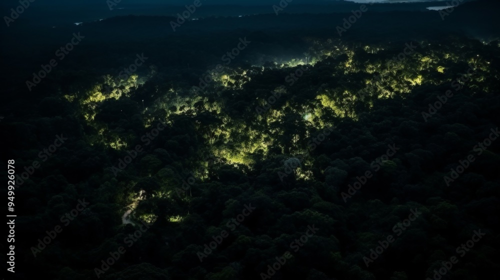 Aerial View of a Forest at Night with Glowing Trees Aerial View of a Forest at Night with Glowing Trees