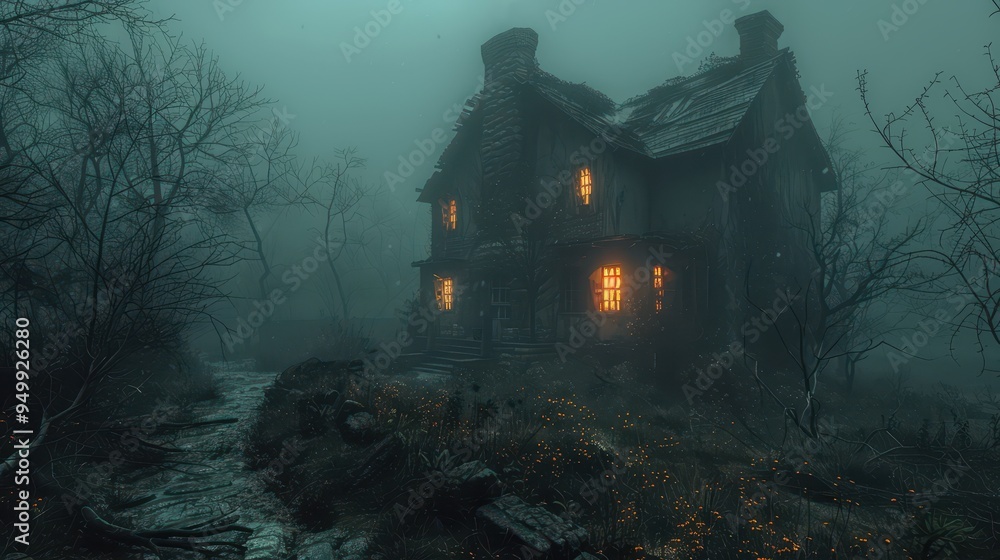 A Mysterious Old House in the Foggy Woods A Mysterious Old House in the Foggy Woods