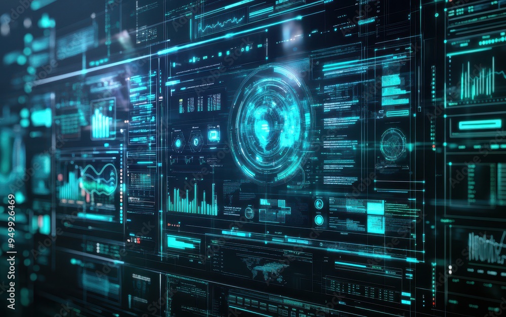 Futuristic Digital Interface with Holographic Shield and Data Displays for Technology, Science, and Cybersecurity Concepts. Futuristic Digital Interface with Holographic Shield and Data Displays for Technology, Science, and Cybersecurity Concepts.