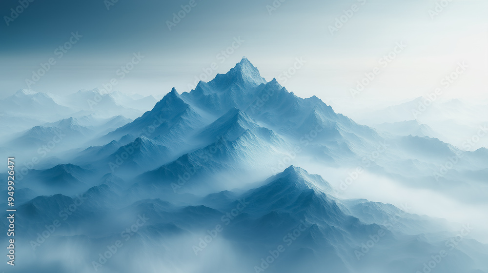 A mountain range covered in snow and clouds. The sky is blue and the mountains are covered in white snow A mountain range covered in snow and clouds. The sky is blue and the mountains are covered in white snow