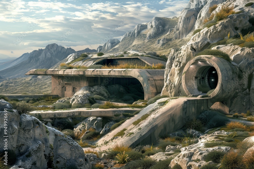 Abstract Military Rocks A state-of-the-art military base hidden in a remote location, An ...
