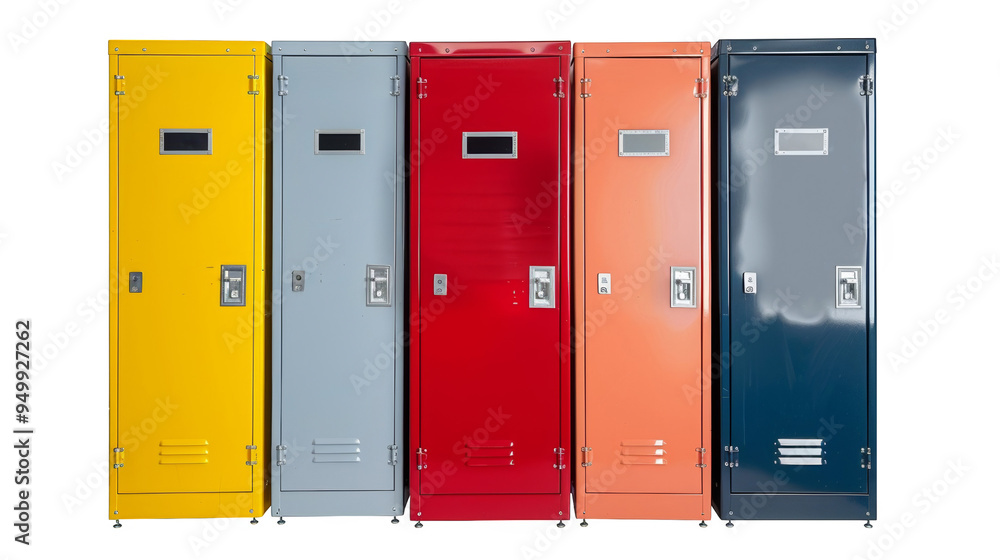 Vibrant Array of High School Lockers Isolated on White Background Vibrant Array of High School Lockers Isolated on White Background