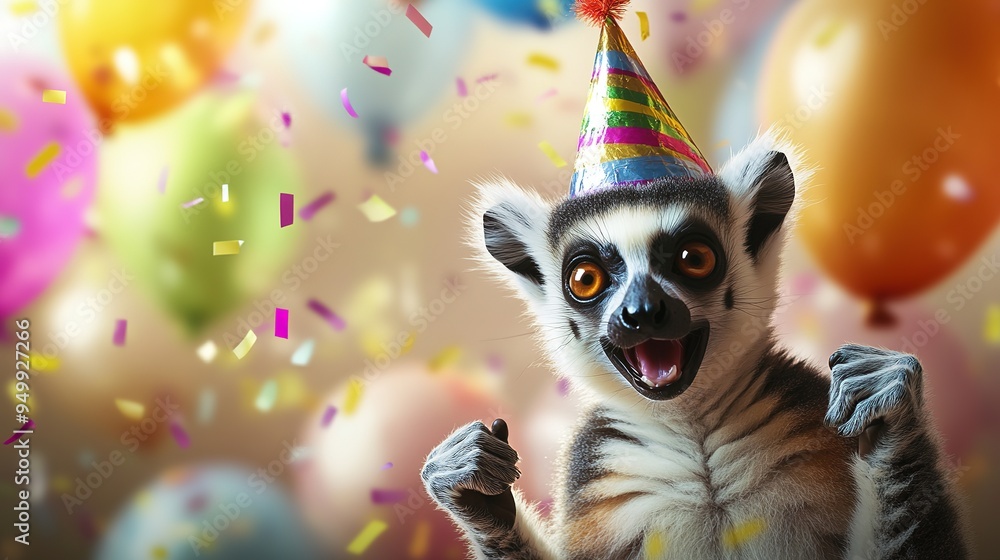 Obraz premium Happy Cute Animal Lemur Wearing a Clown Hat, Celebrating New Year's Celebration or Fancy Birthday Party, Lots of Balloons with Shiny Ribbons.