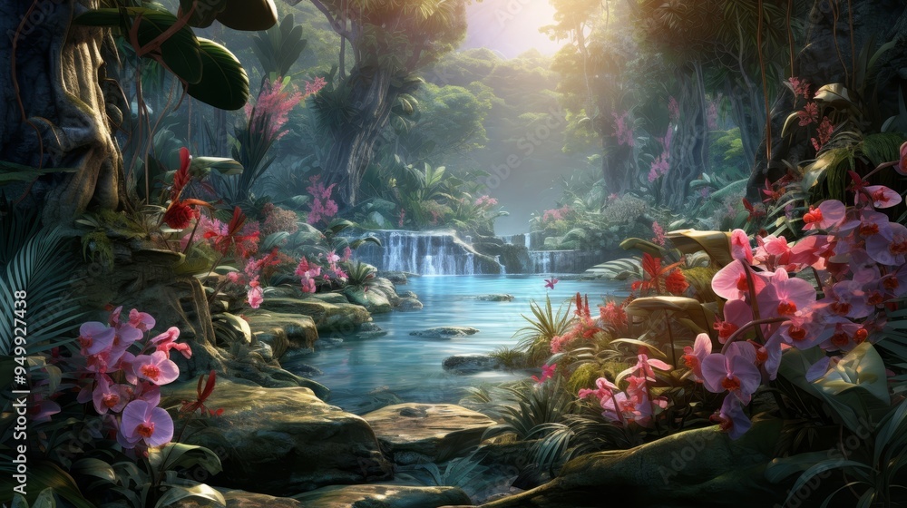 Tropical Rainforest Landscape with Waterfall and Flowers Tropical Rainforest Landscape with Waterfall and Flowers