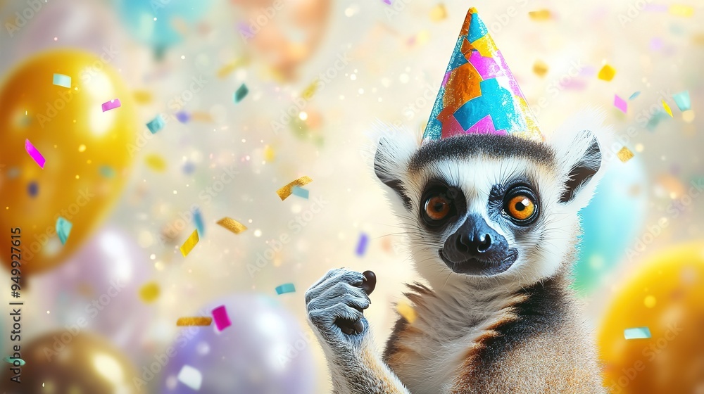 Fototapeta premium Happy Cute Animal Lemur Wearing a Clown Hat, Celebrating New Year's Celebration or Fancy Birthday Party, Lots of Balloons with Shiny Ribbons.