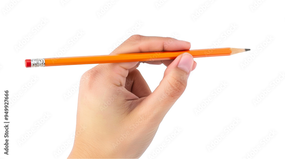 Ready to Write: Close-up of Hand Holding Pencil Over White Background Ready to Write: Close-up of Hand Holding Pencil Over White Background