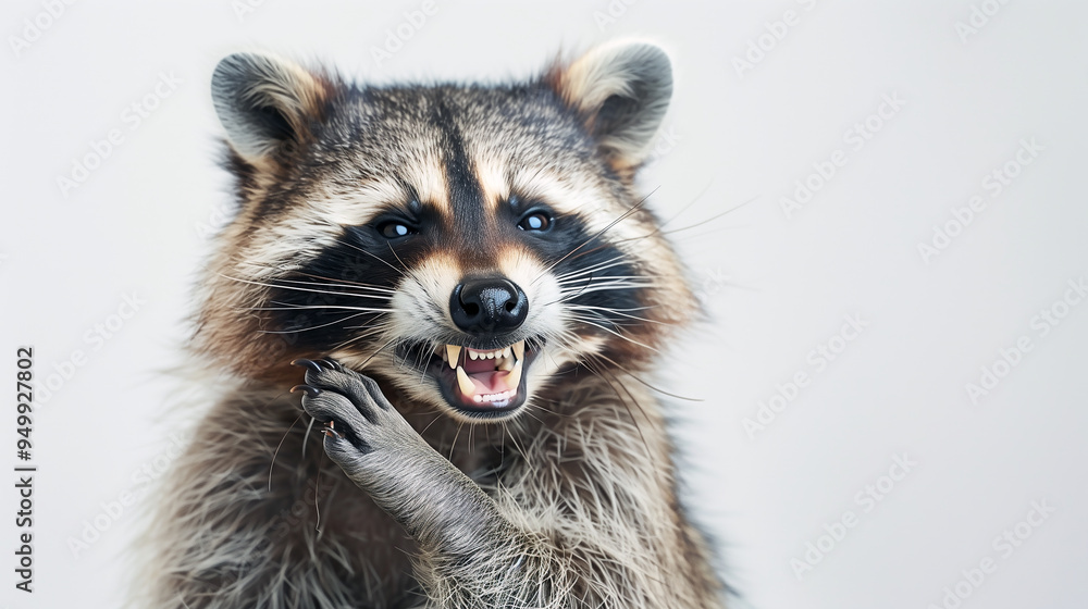 A cute, happy raccoon smiling and showing its teeth, against a white background A cute, happy raccoon smiling and showing its teeth, against a white background