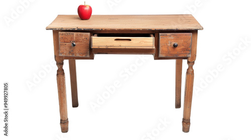 Classic Wooden Teacher's Desk with Red Apple on White Background