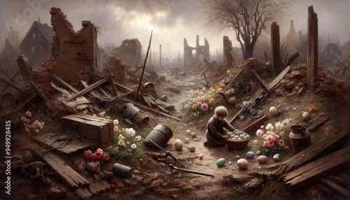 a child sitting amidst the ruins, surrounded by colorful Easter eggs and flowers, contrasting the bleakness around. The background shows dilapidated buildings and scattered debris under a cloudy sky, 